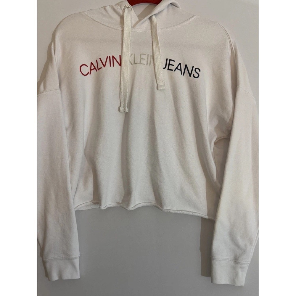 Calvin Klein Jeans Womens Cropped Hoodie White Logo Sweatshirt USA Flag Small